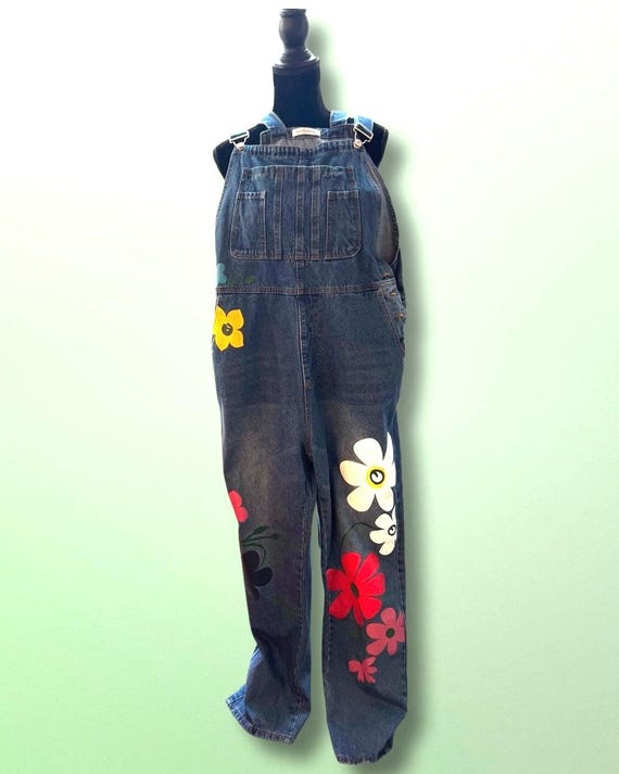 Vintage 90s Denim Overalls, Oversized Floral Print, Urban Streetwear