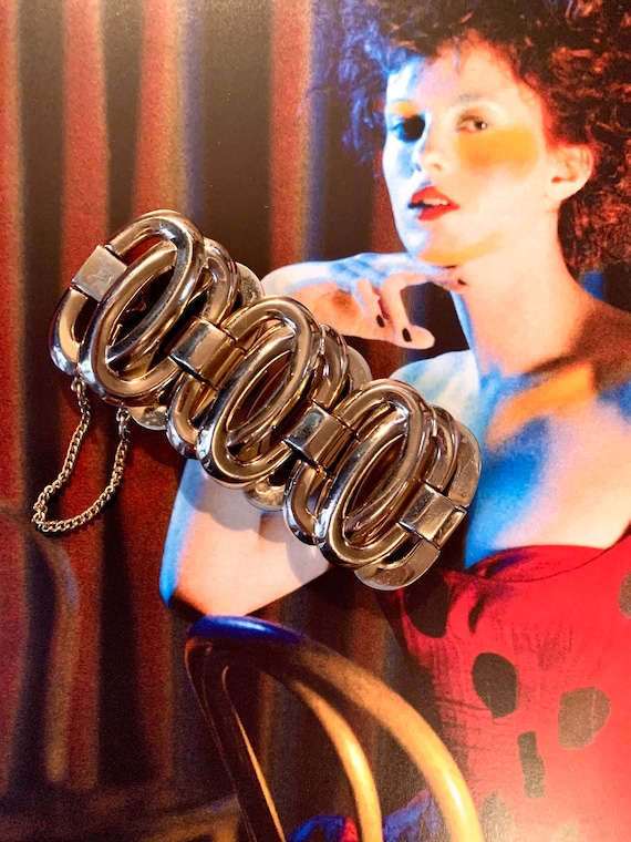 Vintage Monet Geometric Modernist Chain Link Cuff Statement Bracelet, Signed 60s Mod Glamour Jewelry Bling