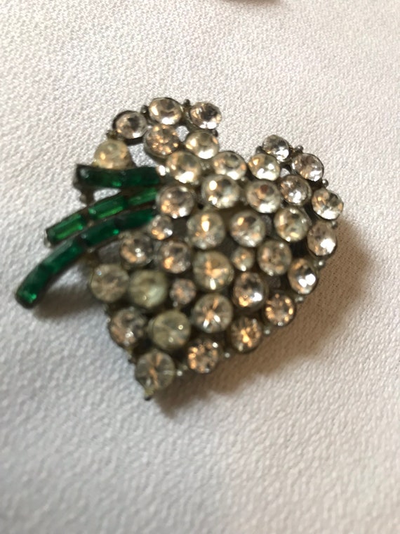 A Delightful Art Deco Ice Rhinestone & Emerald Green Baguette Puffy Heart Vintage Brooch, Trending Unisex Lapel Pin, Commitment Boutonniere