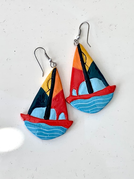 Vintage Hand Painted Sailboat Earrings, Colorful Color Block Enamel Painted Wooden Dangles, Nautical Jewelry, Sailing, Boating Beach Lovers