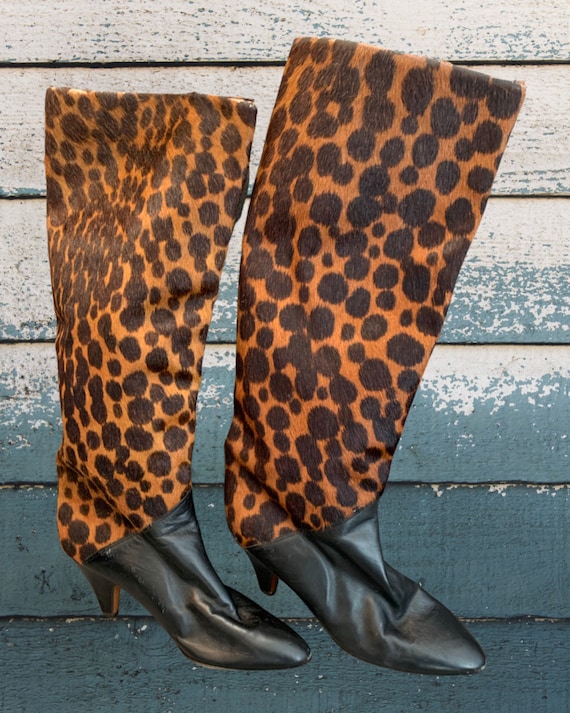 Vintage Cristiano LEOPARD Boots, Black Leather & Pony Hair Boots, made in Italy, 90s Glam Jungle Animal Print Winter DESIGNER FASHION