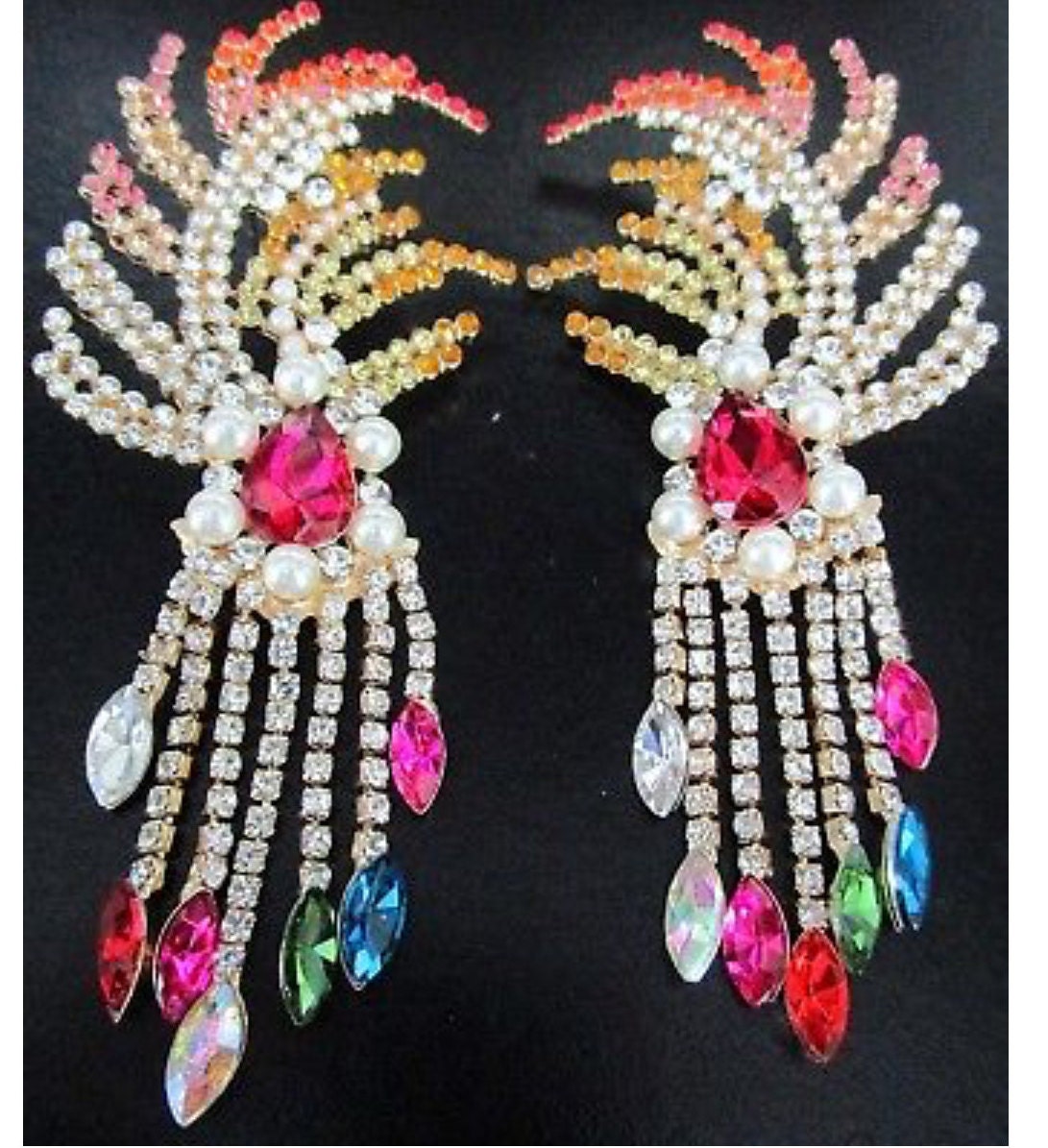 HUGE Colorful Rhinestone Feather Fringe Statement Earrings