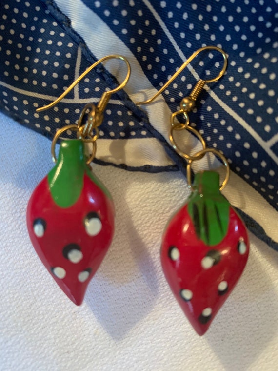 Vintage Hand Painted Red Strawberry Wooden Dangles , Tooty Fruity  Statement Earrings made in The Philippines