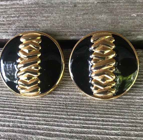 Gorgeous Black Enamel On Goldtone Bold 80s Art Deco Modernist Statement Earrings