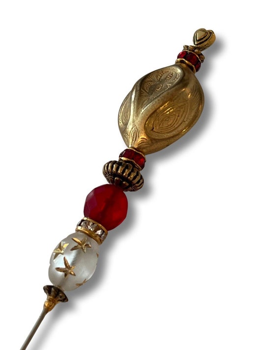 Elegant Ruby Red Stickpin, Hand beaded Regal Designer Jewelry, Oversized Hat Pin, Unisex Lapel Pin, or Scarf Pin