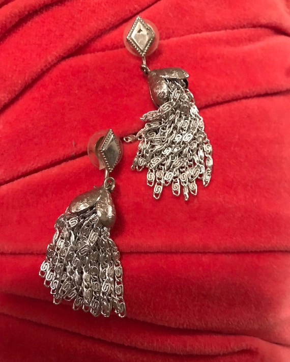 Mid Century Vintage Silvertone Chain Tassel Dangle Earrings