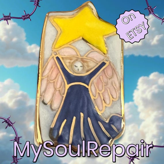 Colorful Minimslist Artisan Ceramic Angel Lapel Pin, handmade vintage holiday brooch