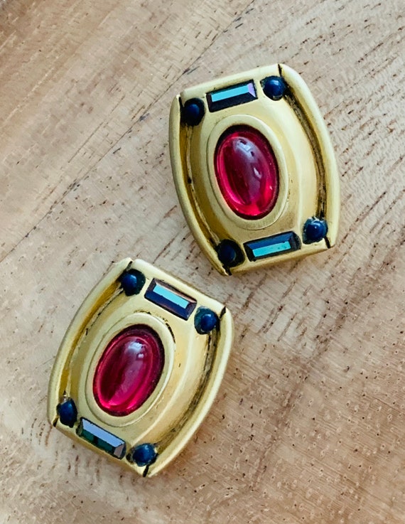 80s Gypsy Glam Mogul Statement Earrings: Ruby Red Poured Glass, Amethyst Crystal baguettes & Colbalt Beaded High End Matte Goldtone Clip ons