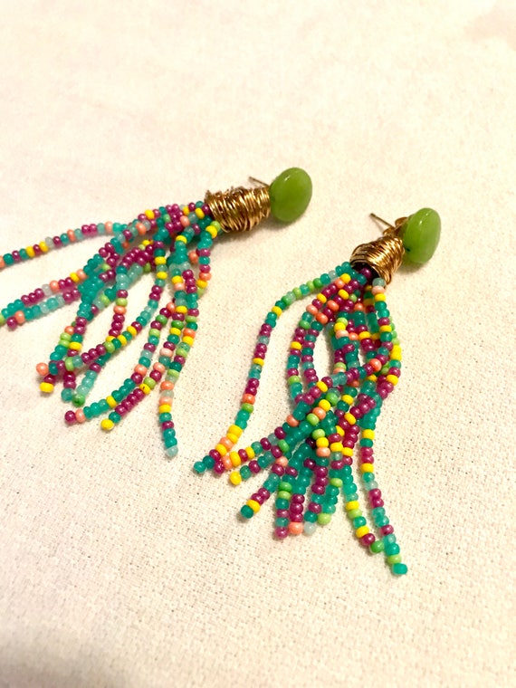 Lime Green & cheerful colorful Seed Bead Tassel E… - image 4