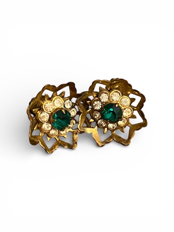 Very Old Vintage Coro Emerald Green Crystal Gem and Ice Rhinestone Brassy Golden Openwork Screw Back Earrings late 30s /40s