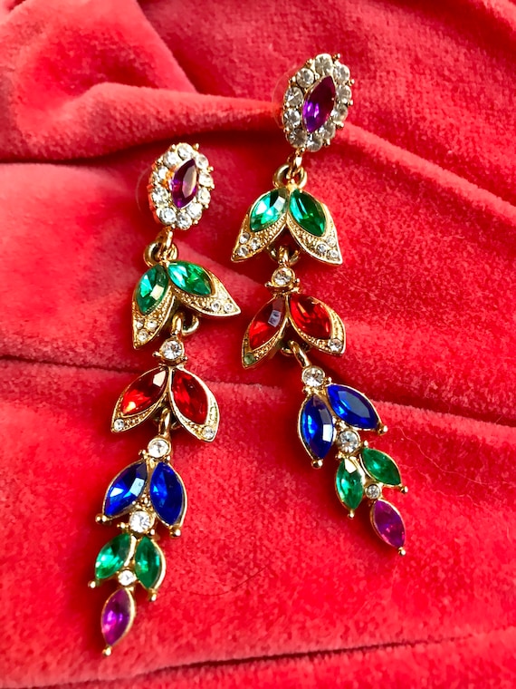 Rainbow Rhinestone Dangle Earrings: 80s 90s Runway Style