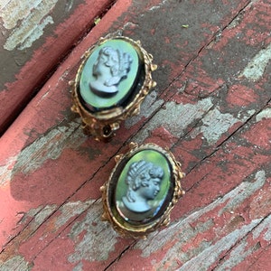 Vintage Glass Cameo Earrings, Gothic Victorian Revival, Romantic Mid Century Jewelry