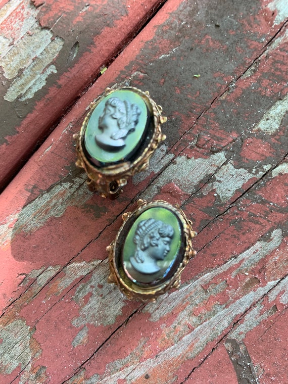 Vintage Glass Cameo Earrings, Gothic Victorian Rev