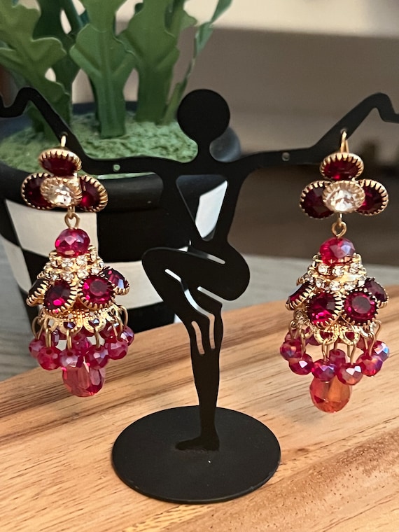 Elegant Red Rhinestone & AB Cranberry Crystal Chandelier Dangle Statement Earrings