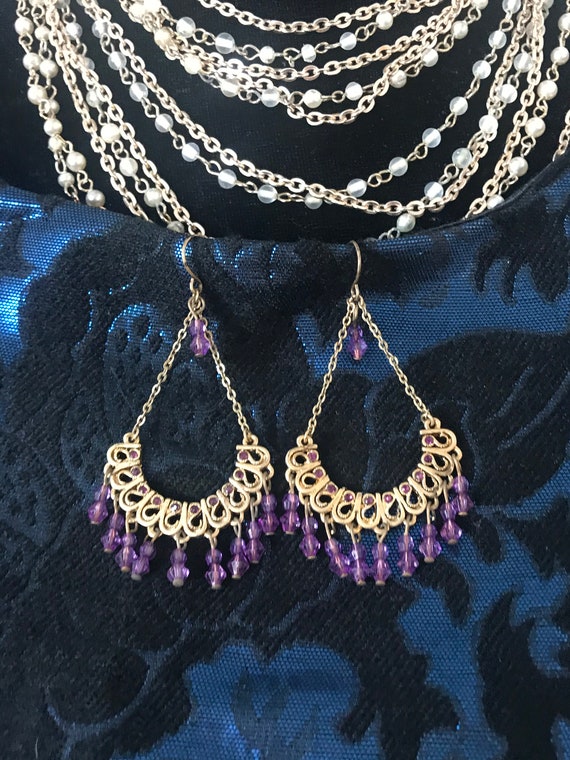 Boho Gypsy Chandelier Dangles with Fringy Purple Beads & Ornate Goldtone, 90s Glamour Grunge Statement Earrings