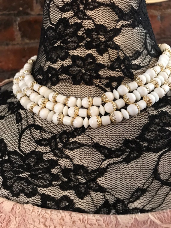 Mid Century Asian Plastic White Beads with Dainty Gold Spacers, Triple Strand Statement Necklace Signed Japan