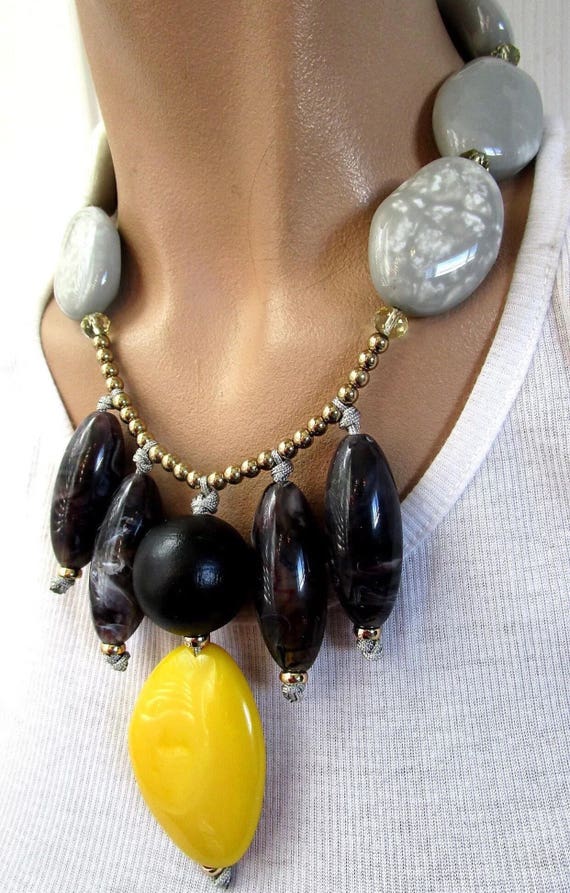 Cool Abstract Post Modernist Chunky Faux Marble with Yellow & Purple Lucite On Chain Punky New Wave Statement Necklace, Zoom Party Bling