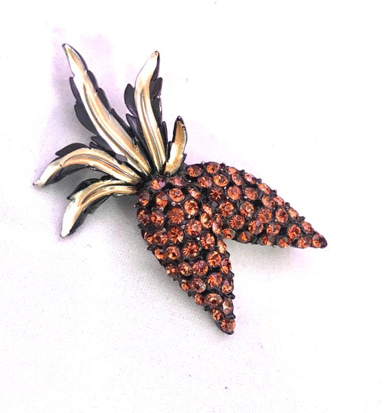 Japaned Orange Rhinestone Carrots  Papayas Yams, Fruit Veggie Vintage Lapel Pin Brooch, collectible fruit pin