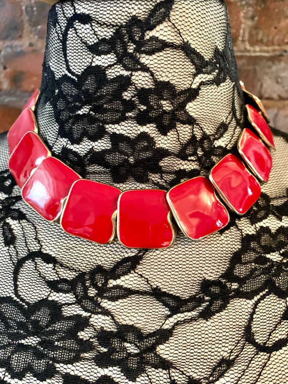 Cherry Red Enamel Modernist Choker Collar Necklac… - image 8