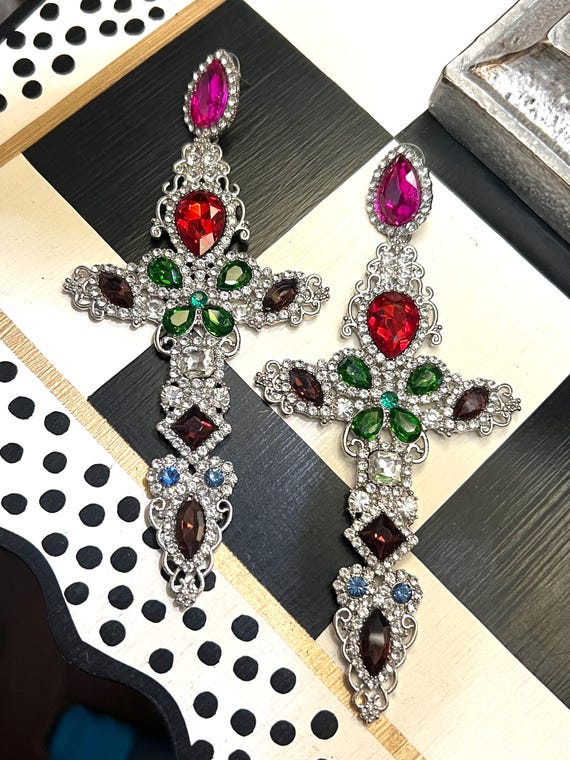 HUGE Y2K Rainbow Colorful Rhinestone Cross Dangle Earrings