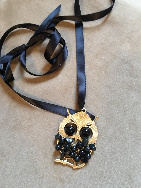 Vintage Gold & Black Beaded Owl Pendant