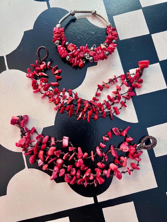 Vintage Red Coral Chip Beaded Stacking Bracelet Set Three Multistrand Silver Boho Jewelry