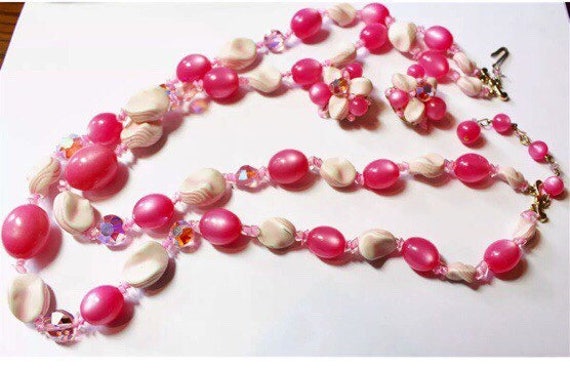 Pretty in Pink Double Stranded Pink Lucite  Beads with Matching Cluster Bead Clip Earrings