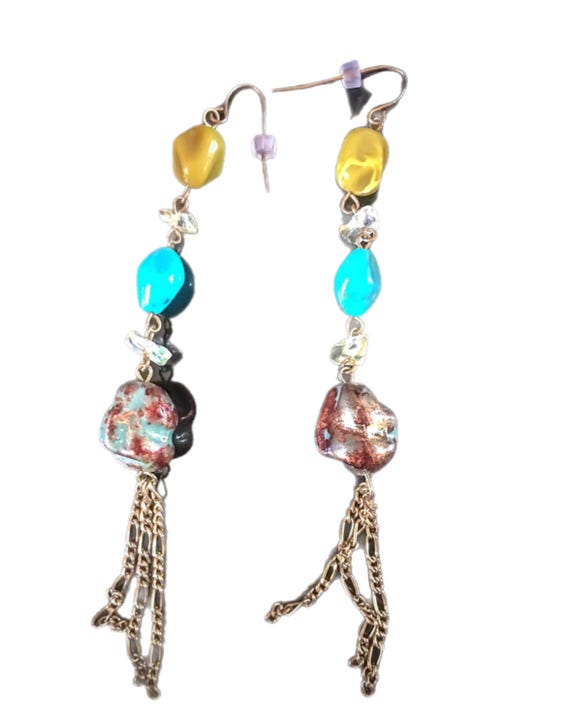 Sexy Shoulder Duster Dangle Earrings w/ Turquoise Lime Crystal & Faux Stone Faux Stone Beads and Bronze Chain Tassels, 90s Glamour Jewelry