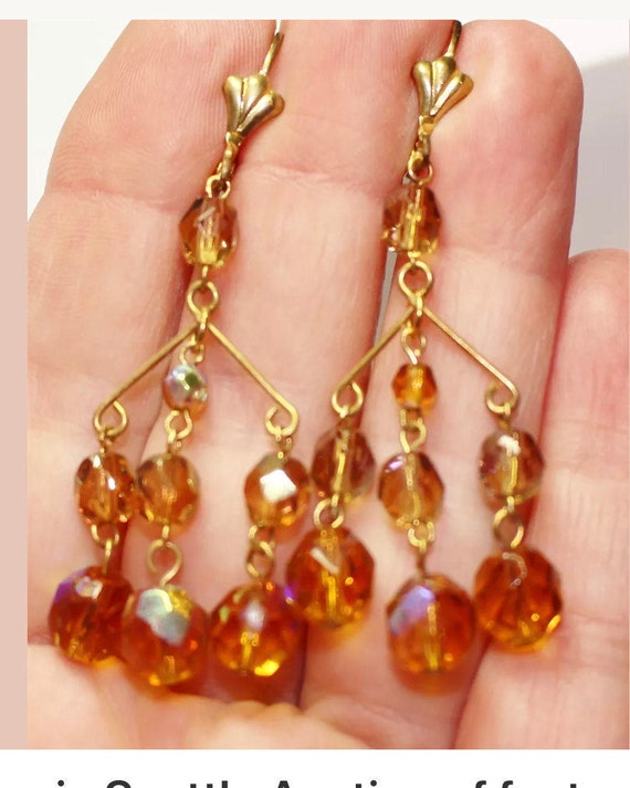 Fantastic vintage Orange AB Crystal goldtone Chandelier Dangle Earrings