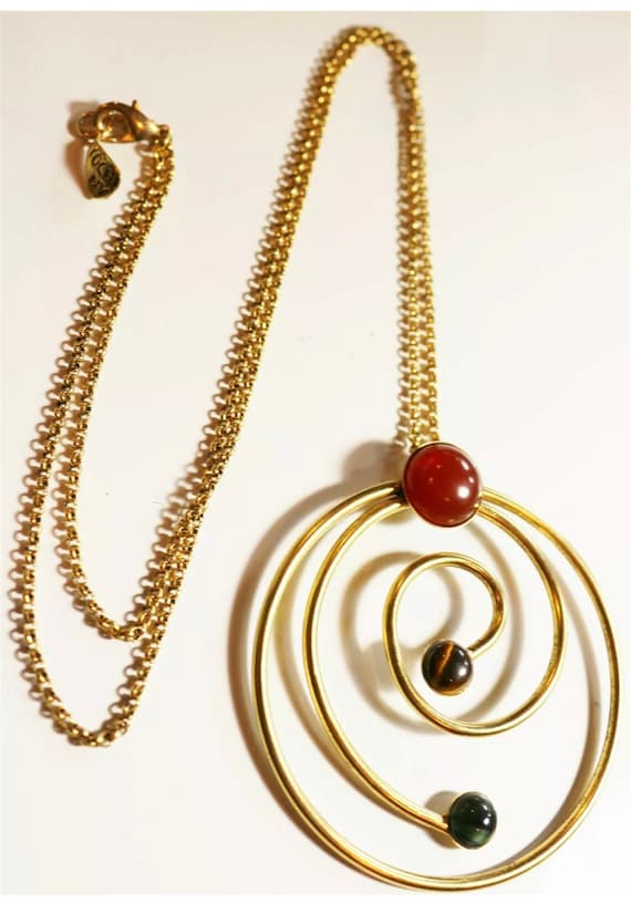 Far Out Vintage 80s POP Culture Runway Fashion Jewelry, Huge Modernist Spiral Medallion Necklace, Signed Yochi NYC
