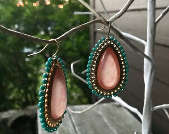 Translucent Pink Tear Drop drop & dangles with goldtone framing decorated with bright blue seed beads hanging from gold wires
