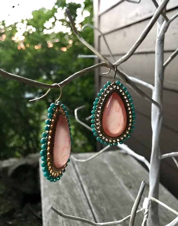 Translucent Pink Tear Drop drop & dangles with goldtone framing decorated with bright blue seed beads hanging from gold wires