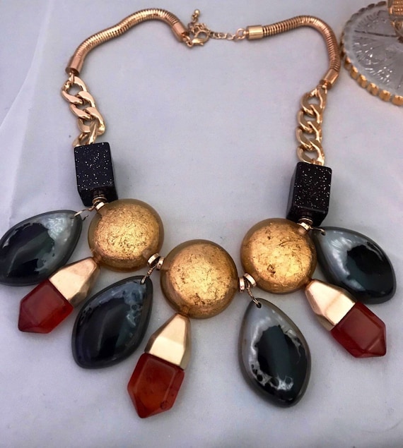 Faux Amber Beaded Statement Necklace, Gold Tone Snake Chain