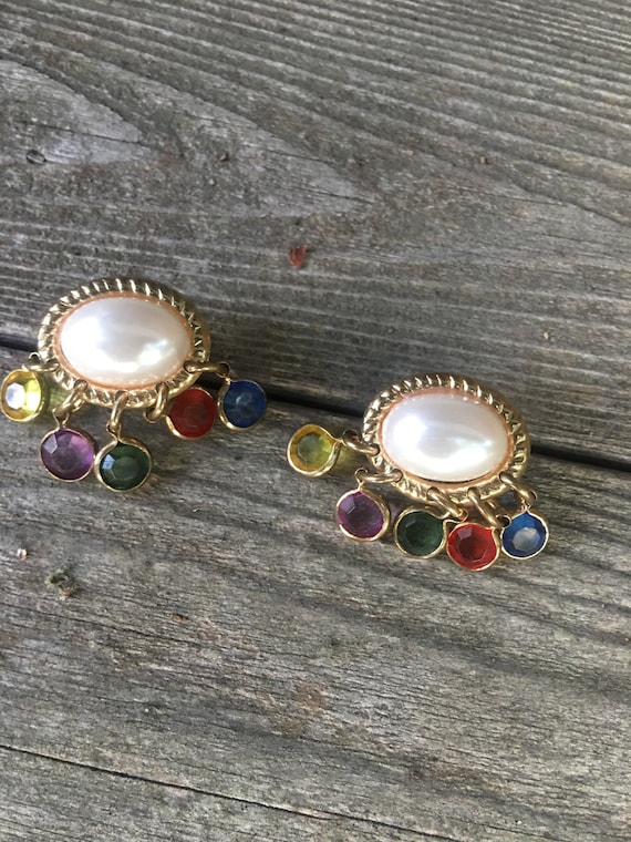 Amazing Vintage Faux Pearl Earrings with Rainbow Crystal Chandelier Dangles