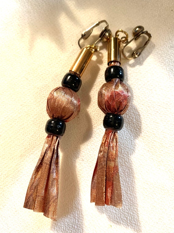 Glitzy Long Disco Dangles, Bronze Gold Lame Metallic Dangles with Beads, Vintage Boho Glam Statement Earrings