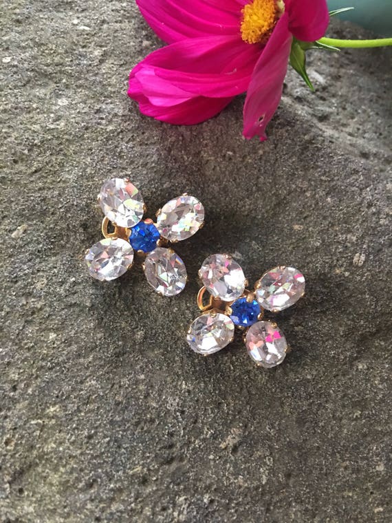 Vintage Goldtone & Crystal Flower Earrings with Royal Blue Gem Centers,  Clip Ons