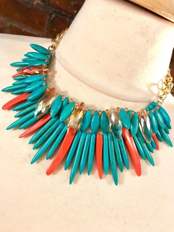 Blue and Orange Nefertiti Collar Choker, Festive Palm Beach Resort Jewelry Statement Necklace, on trend Palm Royale Style