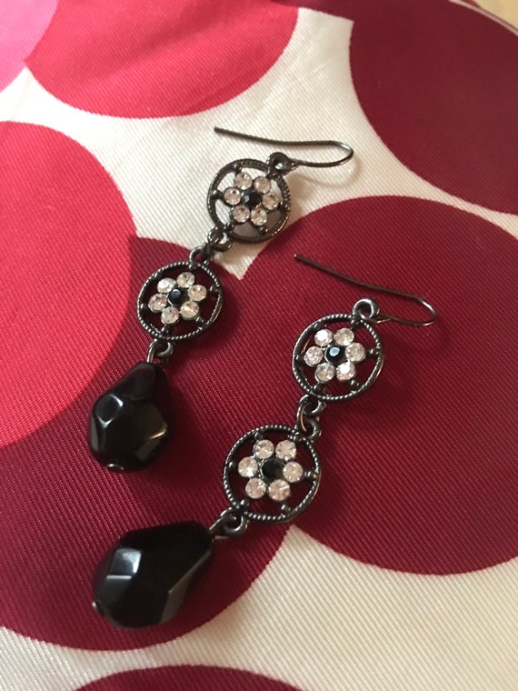 Openwork Gunmetal Earrings With Ice Rhinestone Flowers & Black Teardrop Art Glass Bead floral Dangles