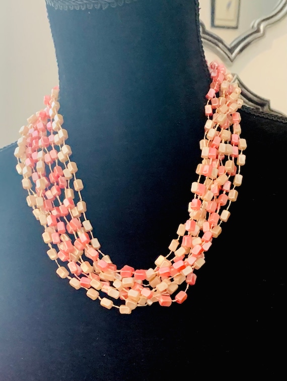 Pale Pink Multi Strand Beaded Necklace, Mid Century Modernist 50s Post War Pastel Torsade Cocktail Necklace Made in Hong Kong