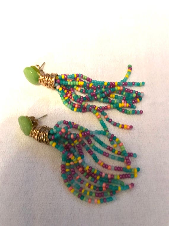 Lime Green & cheerful colorful Seed Bead Tassel E… - image 3