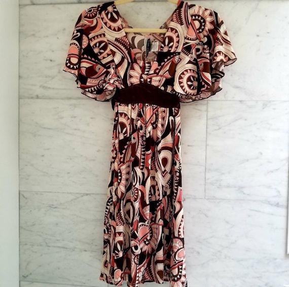 Vintage 70s Abstract Butterfly Sleeve Dress, Petite Size