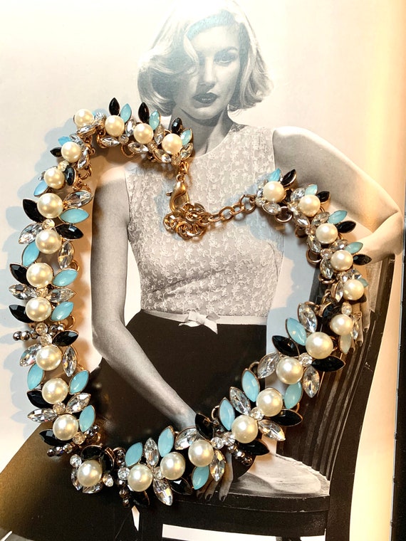 Rhinestones & Faux Gems and Pearl Statement Necklace, Spring Floral, Prom Perfect Glamour Jewelry, Cocktail Party