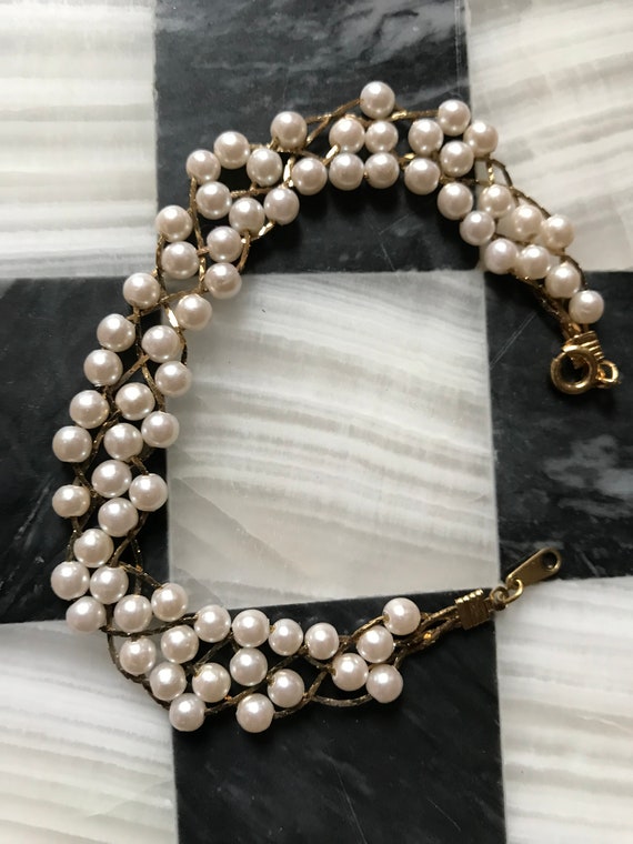 Golden & Pearl Lattice Braided Bracelet, Dainty 70s Shiny Disco Era , mid century jewelry