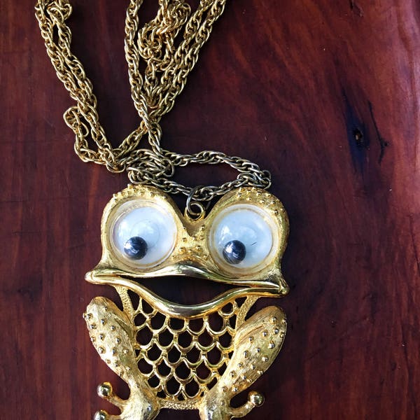 Rare Hard to Find Vintage Signed JJ Googly Jiggly Big Eye Frog Bling Statement Necklace Pendant, kitsch glamour jewelry