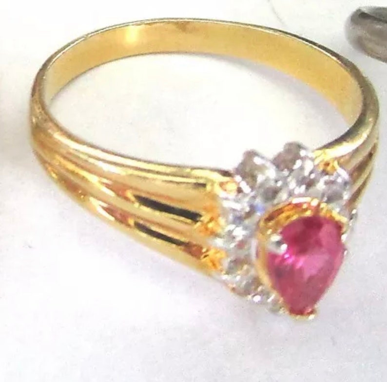 Pretty in Pink & Ice Rhinestone. Goldtone Birthstone Cocktail Ring image 1