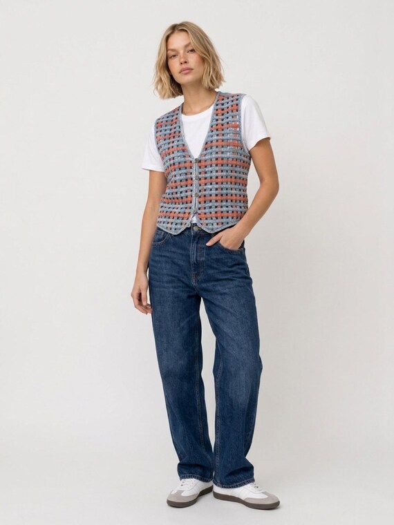 Vintage Quilted Woven Denim Vest Red Plaid Gingham Country Cottage Koret Large Western Rockabilly