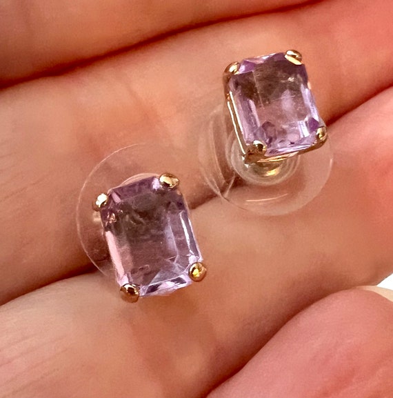 90s Glam Monet Purple Emerald Cut Crystal Gem Studs in Gold Plate, Ritzy Signed Vintage Earrings, Lavender Gem Posts