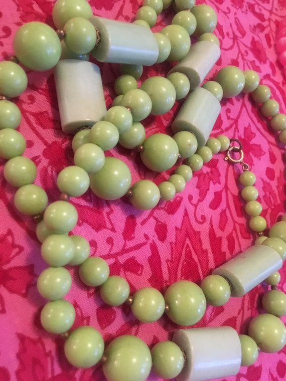 Chunky Funky Nice MidCentury Plastic  Chartruse Lime 49” Long Geometric Beads with Small brassy goldtone Spacers