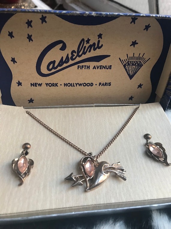 Art Deco Pink Rhinestone Heart Pendant Necklace & Earrings Jewelry Set in Original Box by Casselini New York Hollywood Paris, Valentines Day