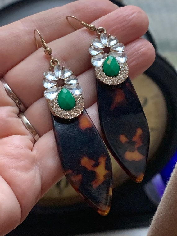 Art Deco Revival Tortoise Shell Lucite Paddle Dangles with Green Gems and Rhinestones, Vintage 90s Glamour Jewelry Statement Earrings